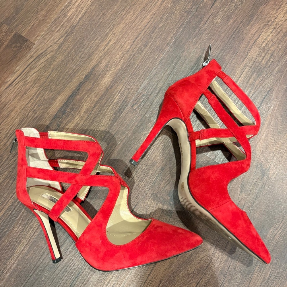 Baddie Occasion BCBGeneration Red Faux Suede Strappy Caged Stiletto Heels 7M